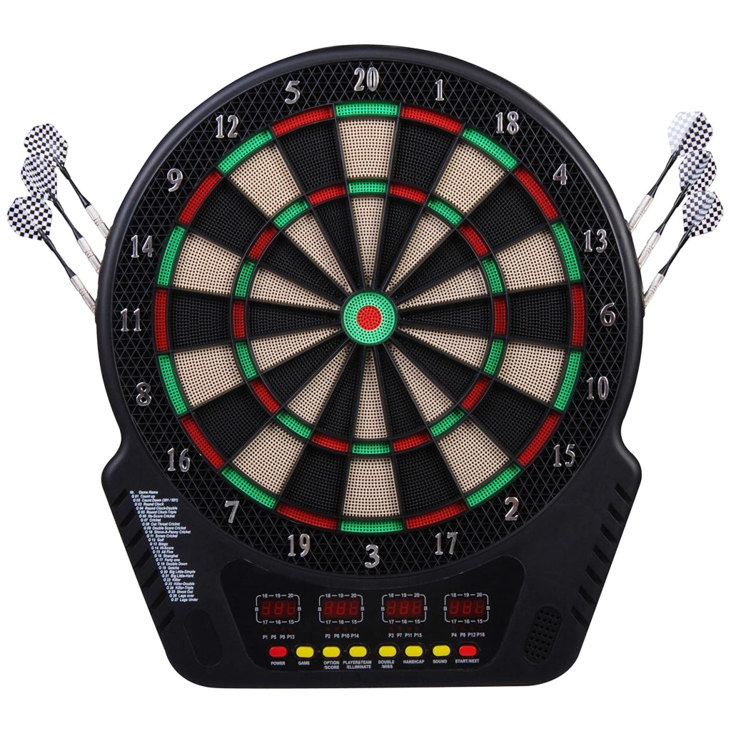 Bersaglio Freccette 44x51,5x3.2 cm con 6 Freccette Alimentatore 4 Display LED e 27 Giochi in ABS e PP Nero