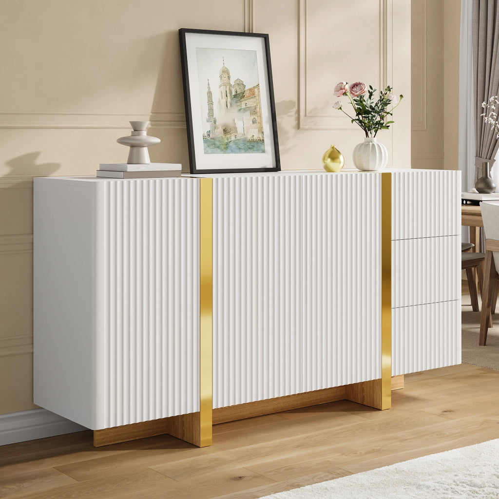 Credenza con 3 ante e 3 cassetti frontali scanalati in MDF e pannello truciolare bianca 140 × 36 × 75 cm