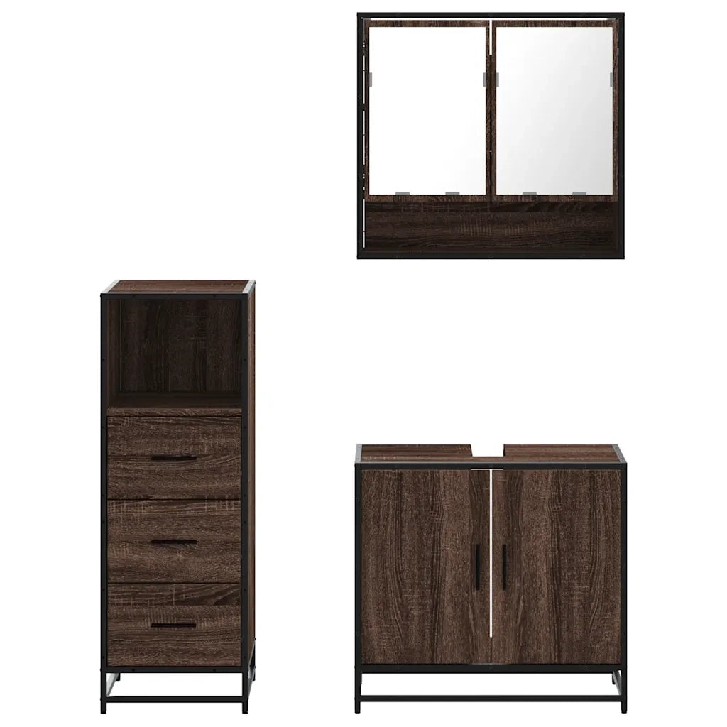 Set Mobili da Bagno 3 pz Rovere Marrone in Legno Multistrato