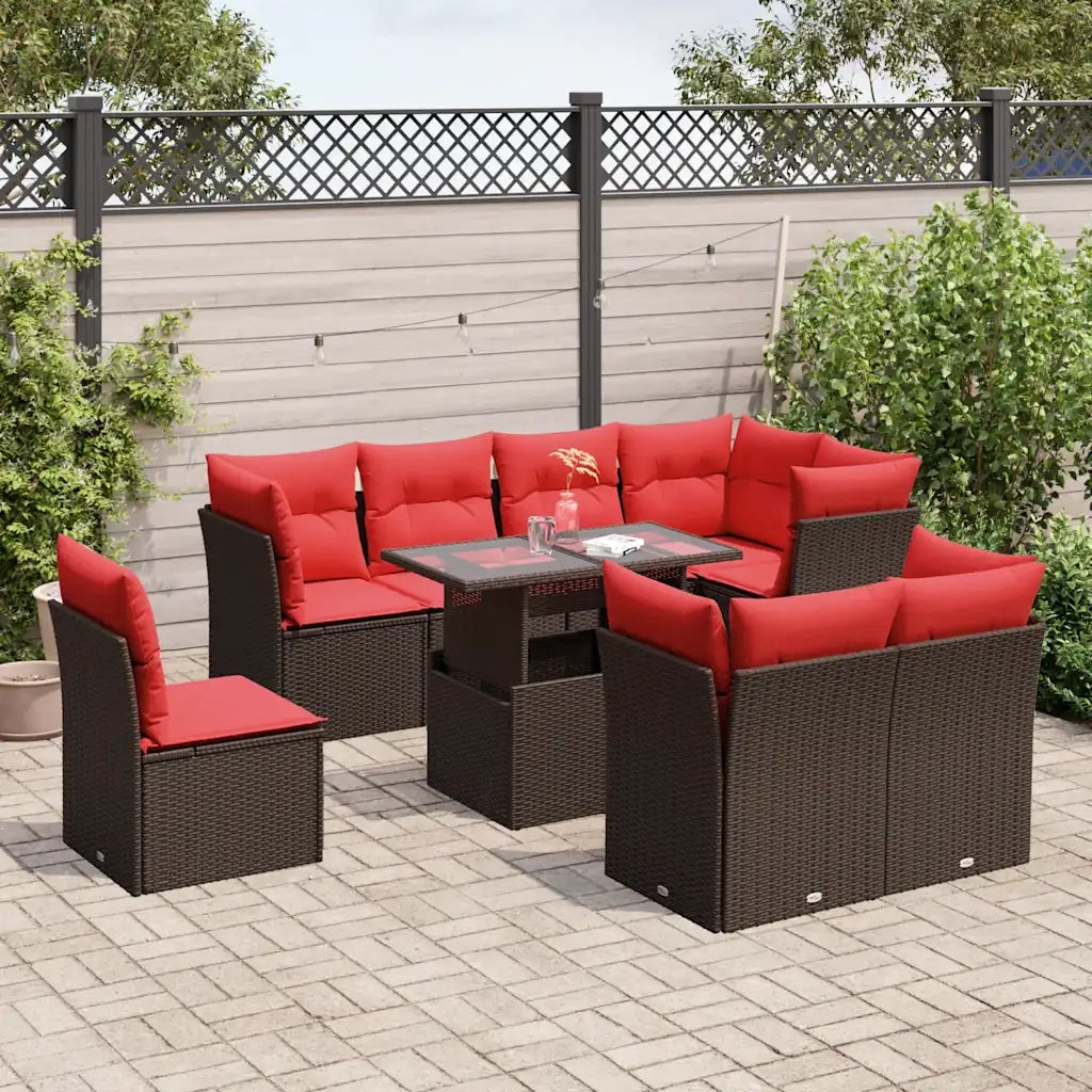 Set Divani da Giardino 9 pz con Cuscini Marrone in Polyrattan 3266734