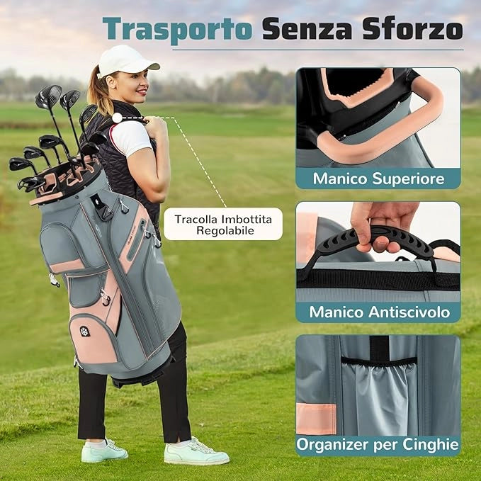 Borsa Carrello da Golf, Sacca da Golf con Serratura e Divisori a 14 Vie, 11 Tasche, Sacca Isolante, Tracolla Imbottita, Maniglie, Porta Ombrello e Cappuccio Antipioggia