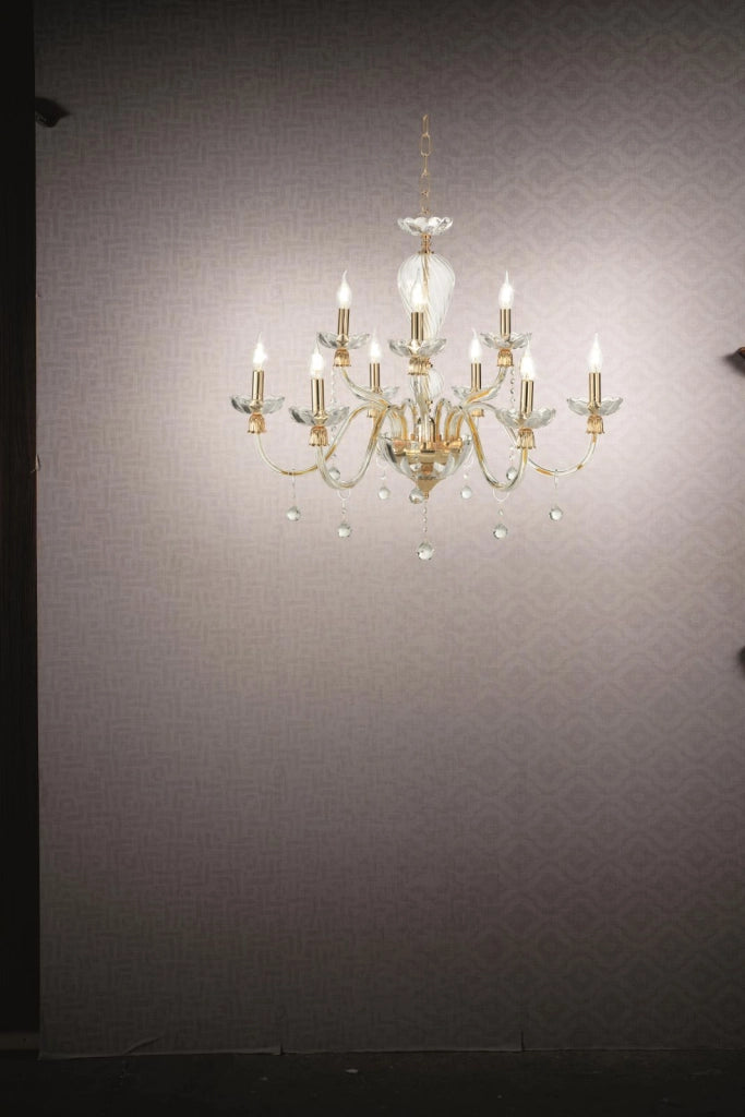 LAMPADARIO ROXANNE 9 LUCI ATTACCO E14 D.86CM ORO E TRASPARENTE