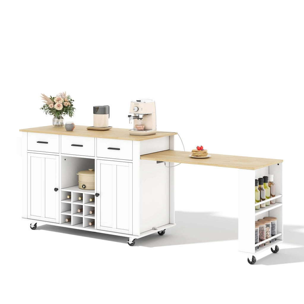 Isola da cucina mobile con piano estraibile, 3 cassetti, portabottiglie e presa USB, 136(223)x50x93 cm, MDF, Natural/White