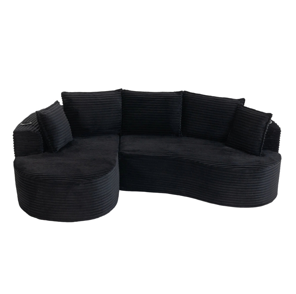 Divano ad arco in velluto a coste nero con portabevande e tasche laterali; 250×152×82 cm