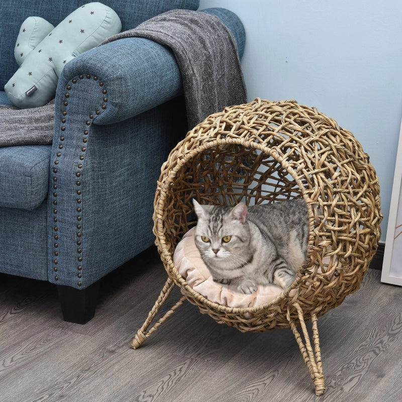 Casetta per gatti in rattan con cuscino, cuccia, grotta per gatti con piedini rialzati, naturale, ?52 x 58 cm