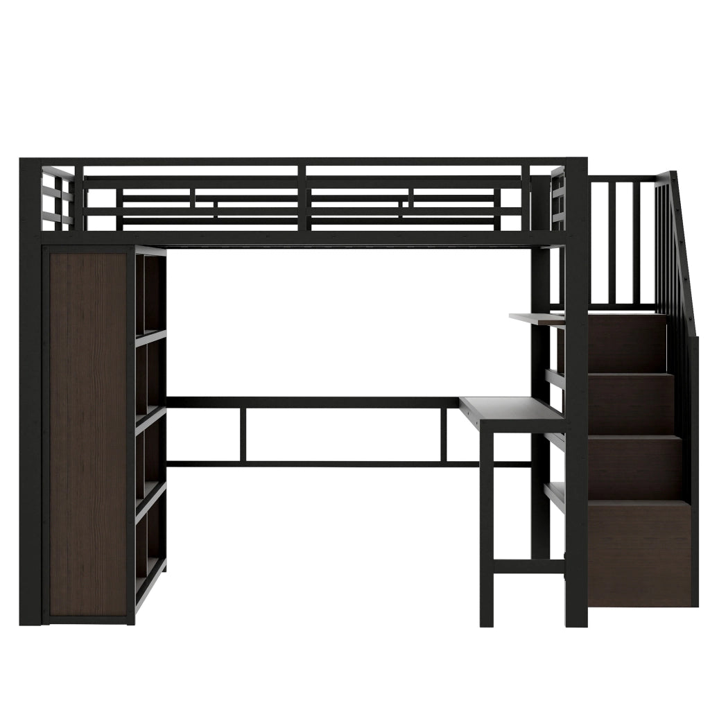 Letto a soppalco in metallo con scrivania, LED e scala, 140x200 cm, nero