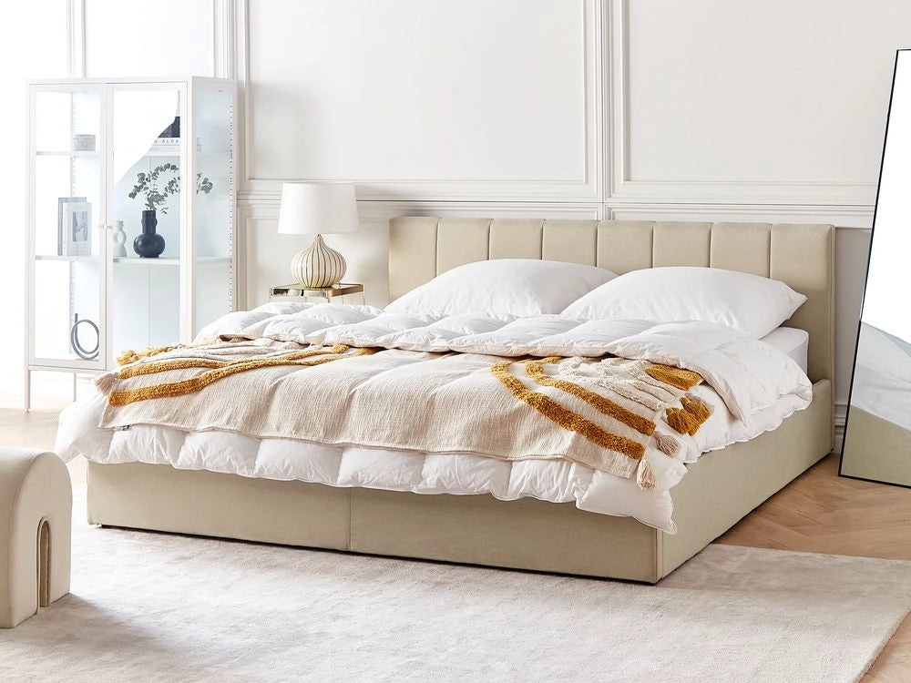 Letto contenitore Rivestimento in tessuto beige 180 x 200 cm con testiera a doghe