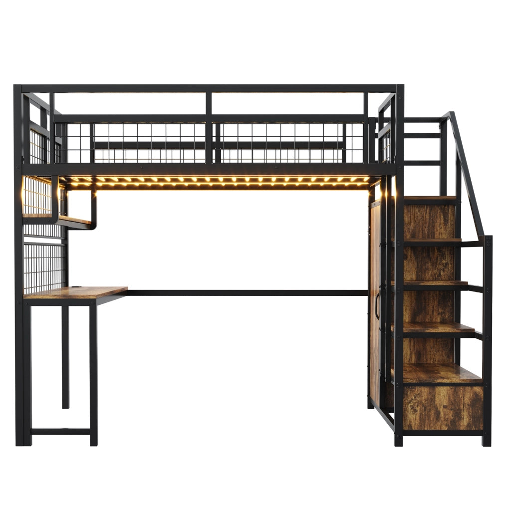 Letto a soppalco in metallo 140x200 cm con scrivania; libreria; scala contenitore; nero