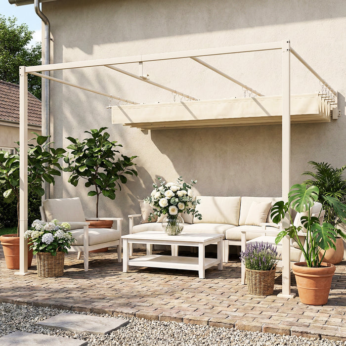 Pergola Addossata 3x3 m con Tetto Retrattile Scorrevole UV30+ e Fori di Drenaggio Beige