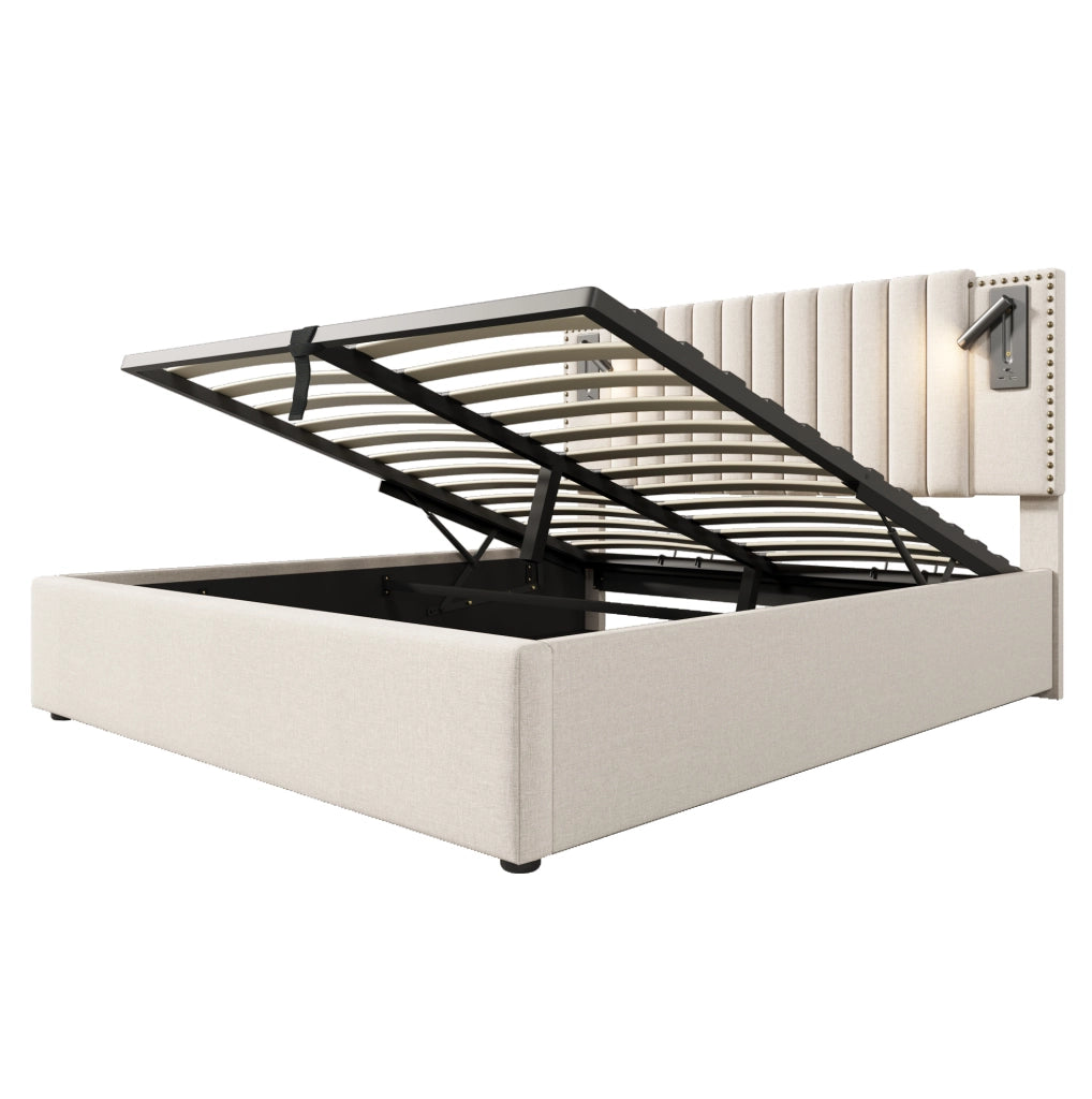 Letto matrimoniale 140x200 cm con contenitore; testiera regolabile; luce da lettura e porte USB/Type-C; beige