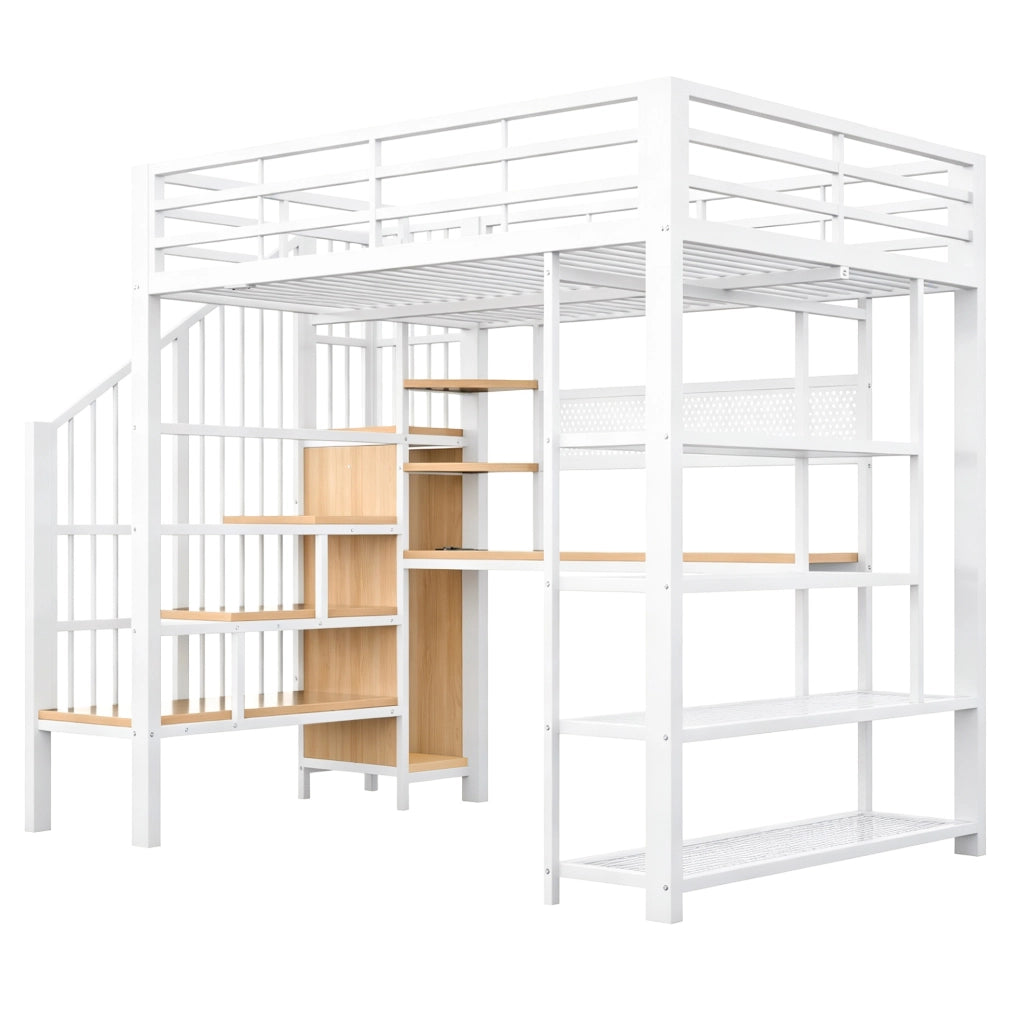Letto a soppalco 140x200 cm con scrivania; LED; prese integrate; scala contenitore e scaffale; bianco