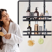 Placca doccia per appendere, acciaio inox 304, doppia lastra, senza perforare, con ganci, placca doccia, supporto per shampoo per parete vetrata.