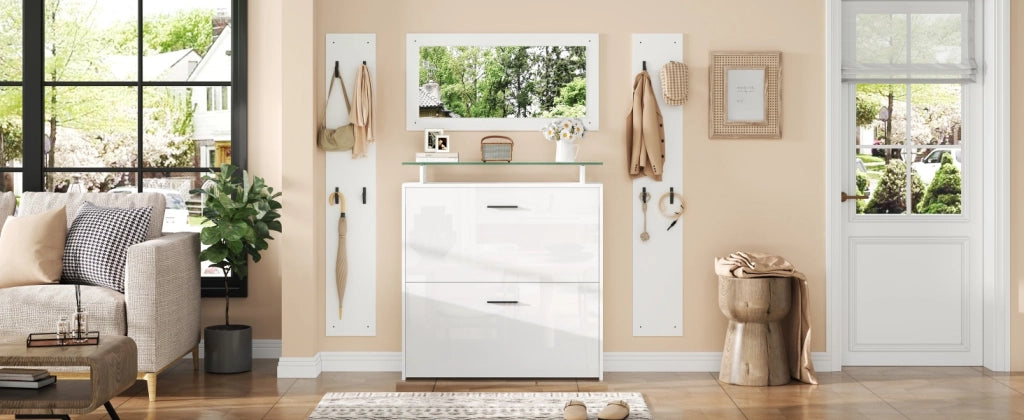 Set Mobili Ingresso 4 Pezzi Scarpiera Bianco Lucido Specchio e Appendiabiti