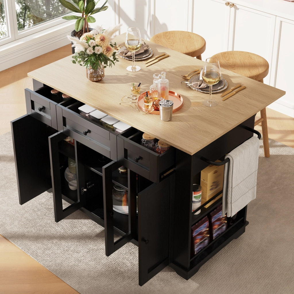 Carrello da Cucina con 1 Cassetto Piano Ribaltabile e Vani in MDF Vetro 151.5 x 60 x 91.7 cm Nero Naturale