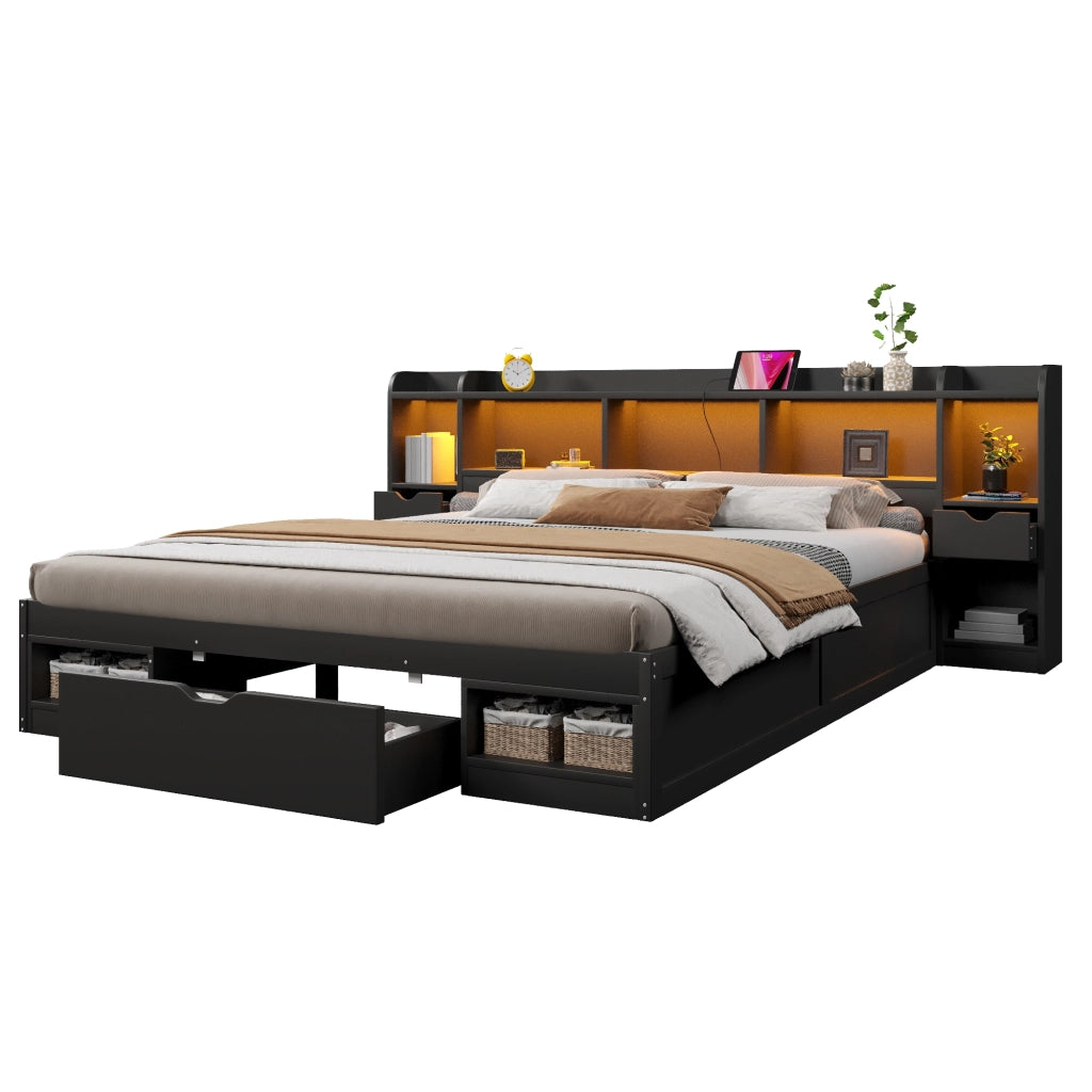 Letto Contenitore 180x200 cm con LED; USB; 3 Cassetti e vani portaoggetti - Nero