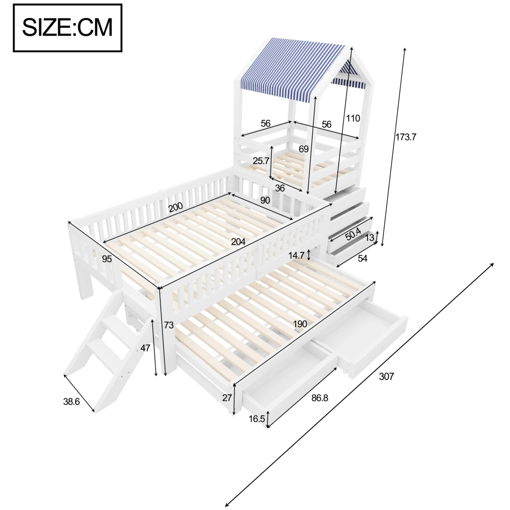 Letto a castello bambino 90×200 cm e 90×190 cm con scala laterale e cassetti; senza materasso; bianco