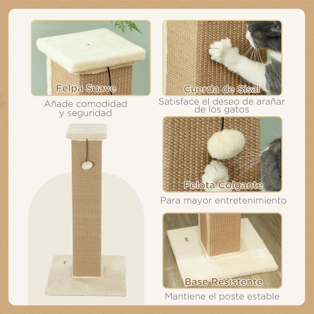 Tiragraffi per Gatto con Palo in Corda e Pallina ¨C Zephmum ¨C 41x41x81 cm Beige