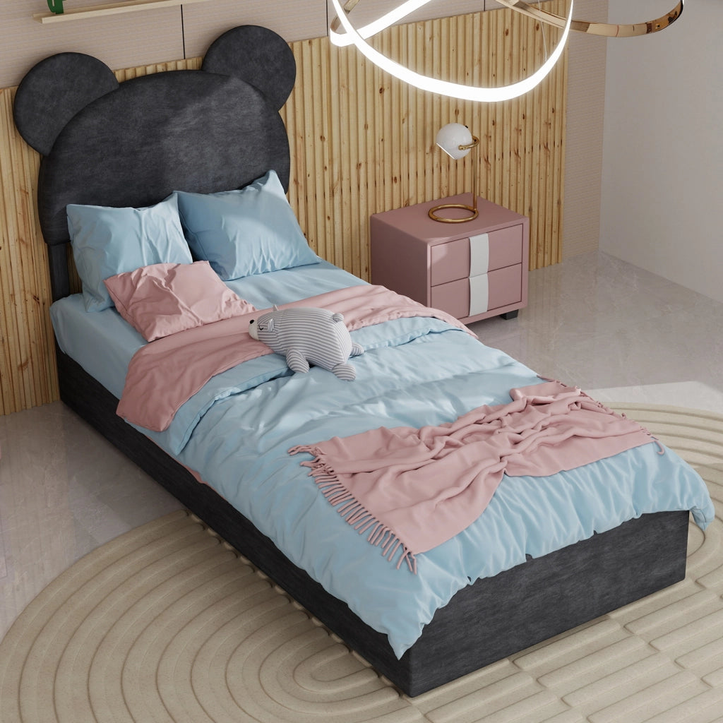 Letto Singolo 90x200 cm con Testiera Sagomata; Contenitore a Sollevamento; Grigio