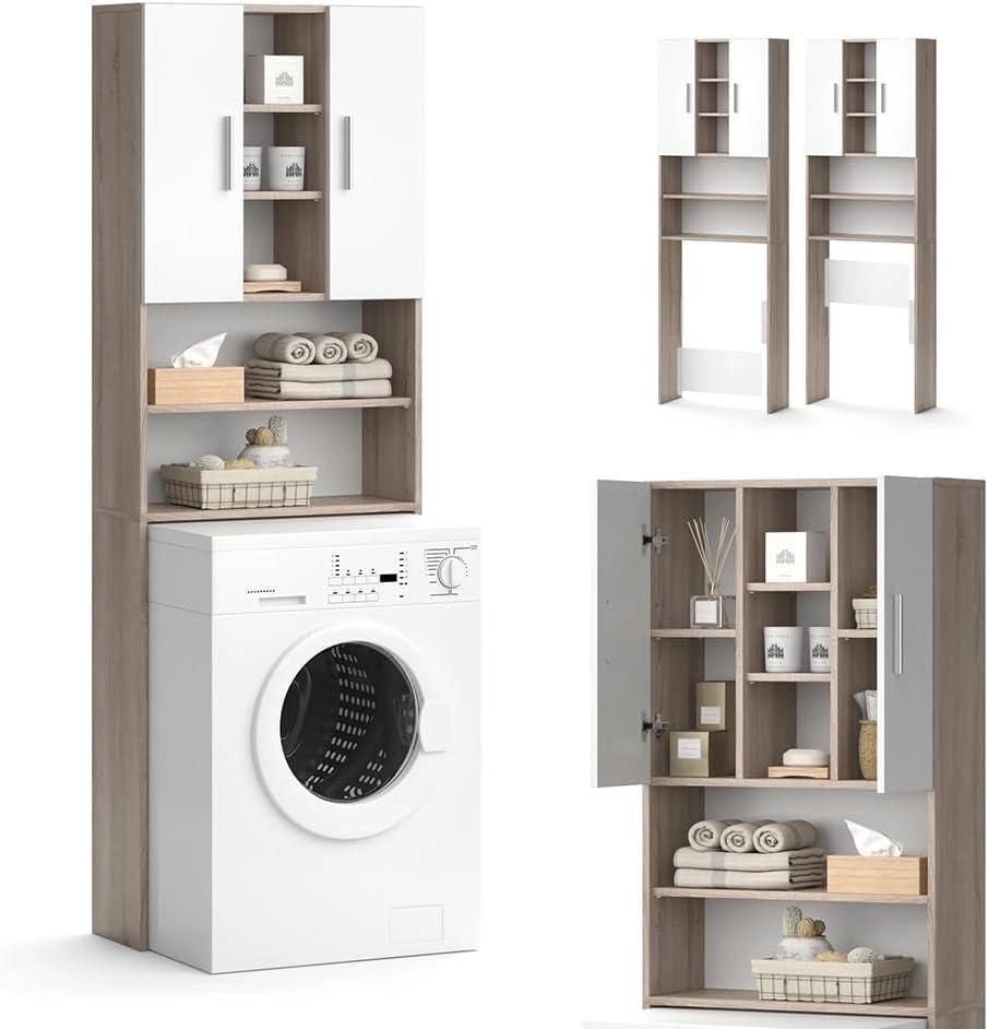 Mobile per lavatrice Luis, Sonoma, 64 x 190 cm, per la conservazione di detersivi e accessori da bagno