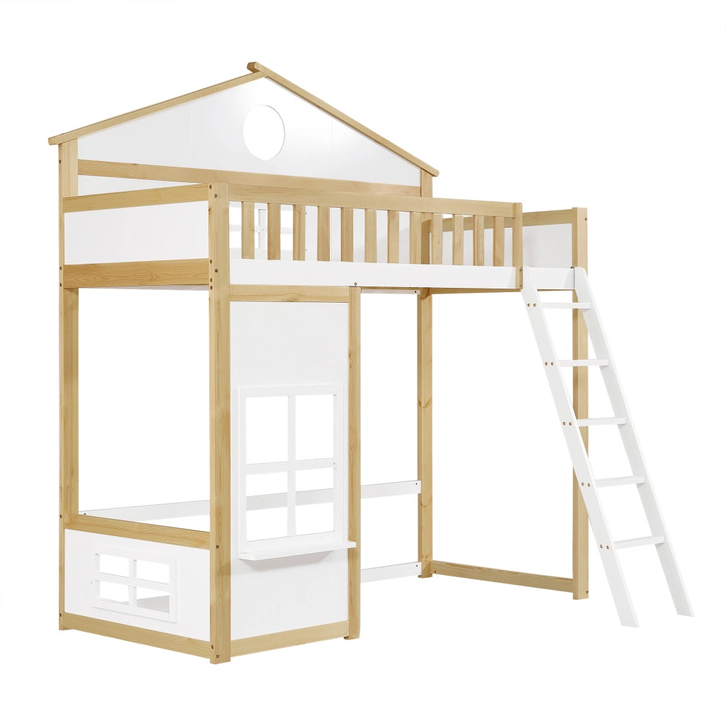 Letto a castello per bambini - Zephmum- Con scala, tetto, finestra e protezioni- 90x200cm- Bianco e naturale