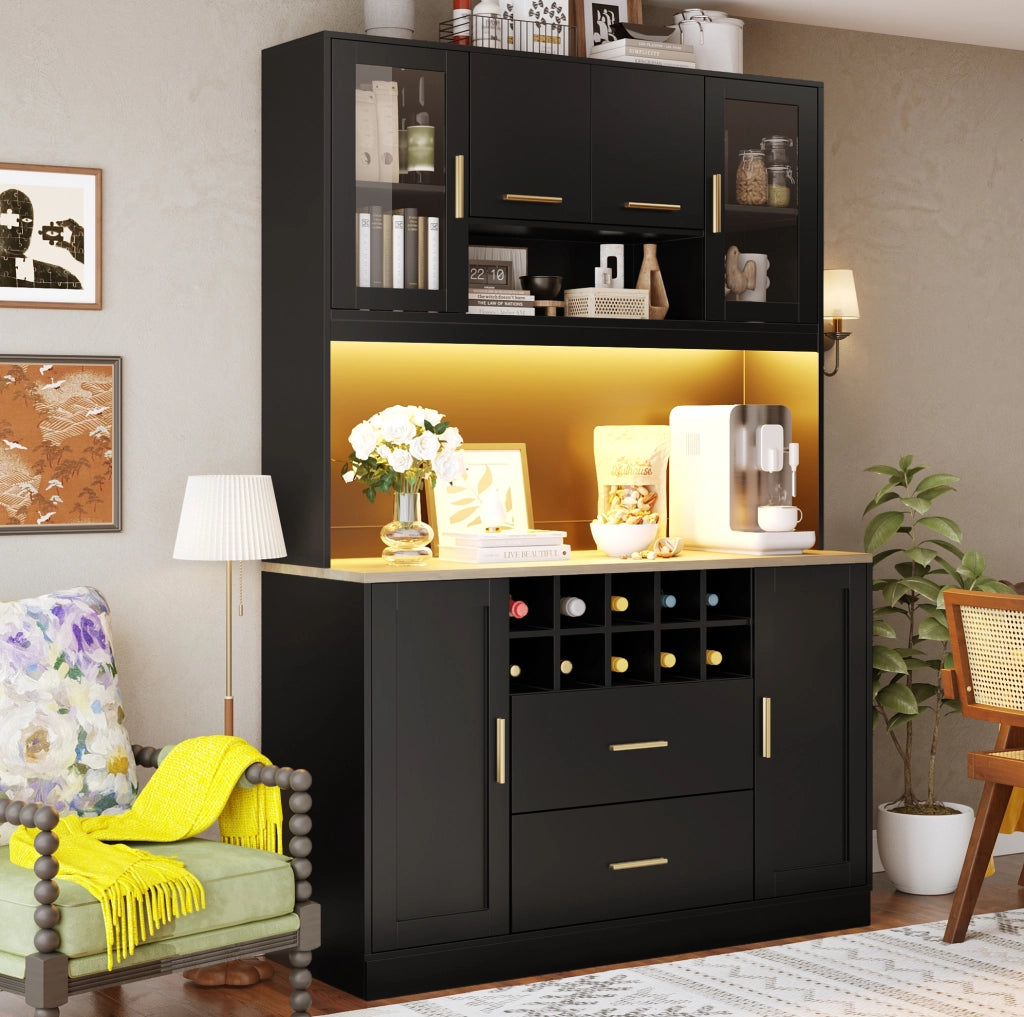 Credenza alta 120x36,3x180 cm in MDF nero con LED, prese USB, 6 ante e 2 cassetti