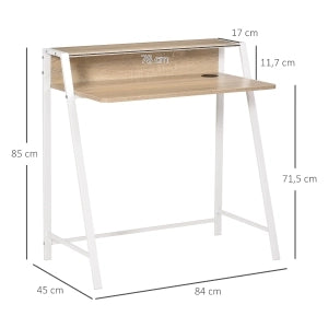 Scrivania moderna con vano portaoggetti e passacavi, struttura in metallo, bianco, 84 x 45 x 85 cm