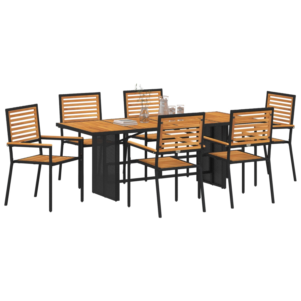 Set da Pranzo da Giardino  7 Pezzi Nero Polyrattan Acacia