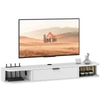 Mobile TV sospeso, per televisori fino a 127 cm, cassetto ribaltabile, 2 ripiani 120x24x16cm, Bianco