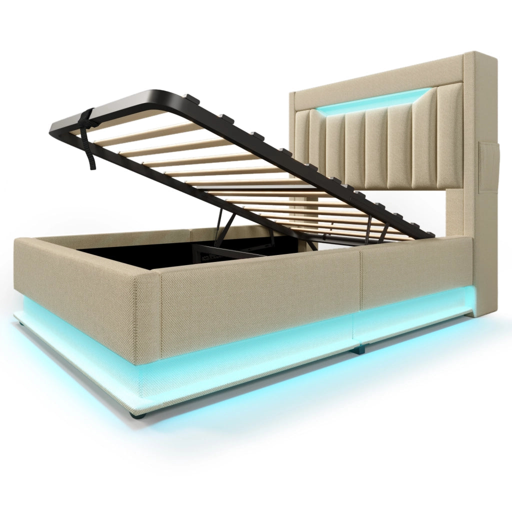 Letto singolo 90x200 cm in lino beige con LED; testiera con ricarica USB e Type-C; contenitore