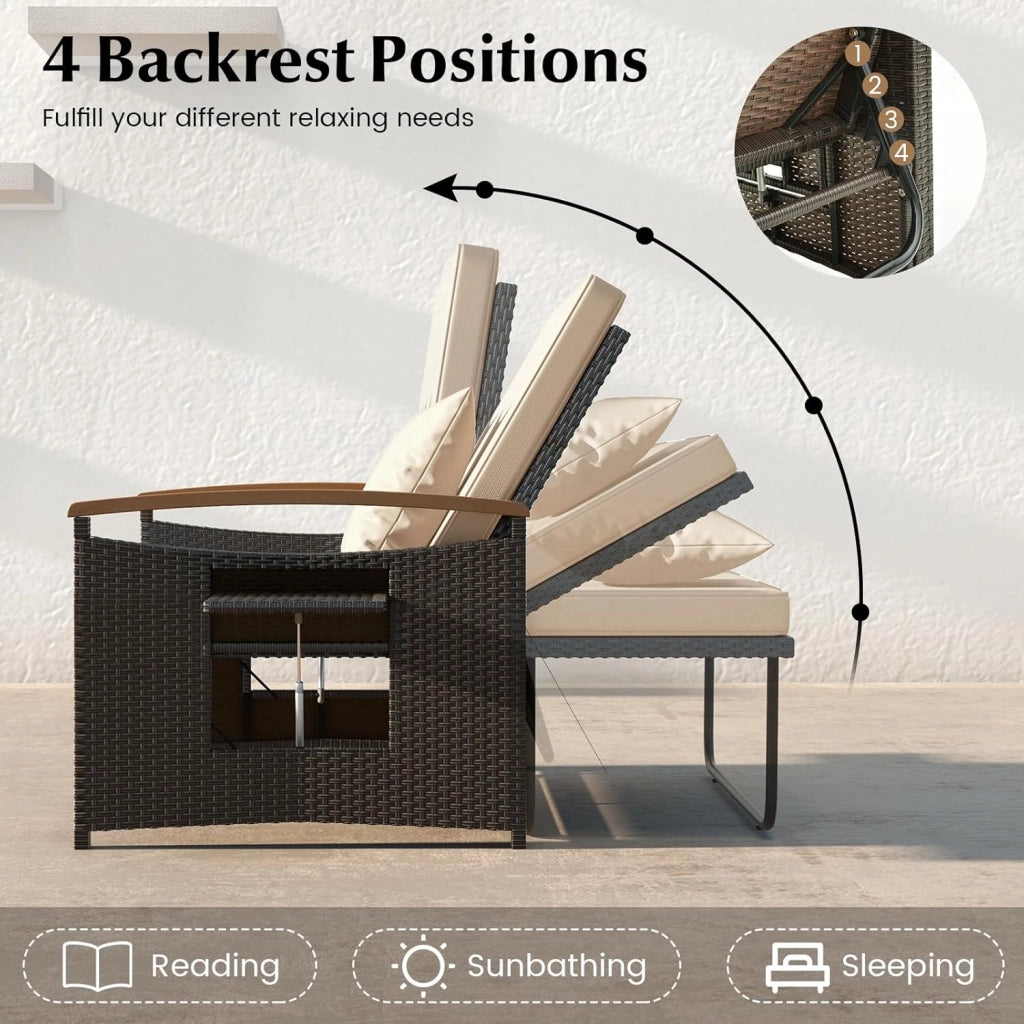 Divano da Giardino in Rattan a 2 Posti con Funzione Allungata, Set di Mobili in Rattan con Sgabello, Doppia Sedia a Sdraio per 2 Persone, 3 Colori (Cuscino Beige)