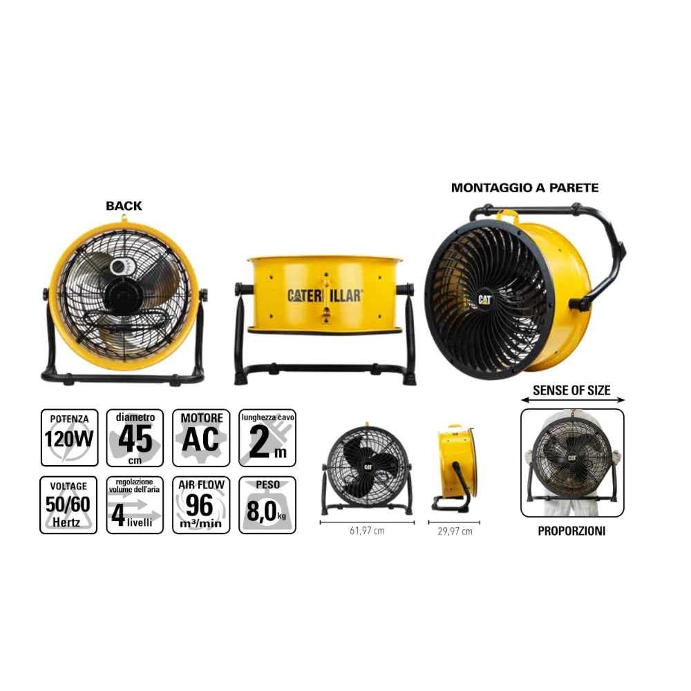 Ventilatore Industriale Caterpillar HVD18-AC Ø45 cm 1200W CT003 con 4 Velocità, Montaggio a Parete, Struttura Robusta