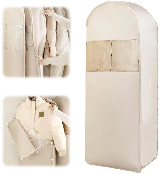 Hanger per abito con chiusura a zip auto-comprimente, borsa di stoccaggio spaziale per giacche da neve, copriabito respirante per cappotti, giacche e costumi, 1 pezzo (beige)