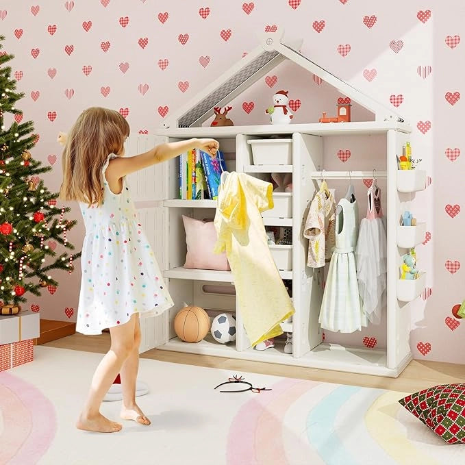Armadio per Bambini, Organizzatore a Forma di Casa con 1 Lavagna, 3 Armadietti, 4 Cestini, 3 Cubi Chiusi e 3 Cestini Laterali, Armadietto Salvaspazio per Camera da Letto e Soggiorno (Bianco)