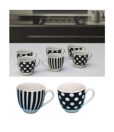 Set 6 Tazzine Tazze caffe' senza piattini Pois Neri e righe nere