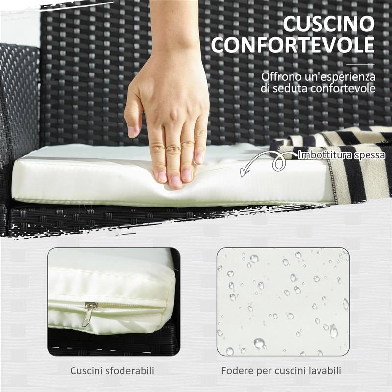 DIVANO DA GIARDINO A 2 POSTI CON CUSCINO E BRACCIOLI IN RATTAN PE E ACCIAIO, 100X54X80CM, NERO