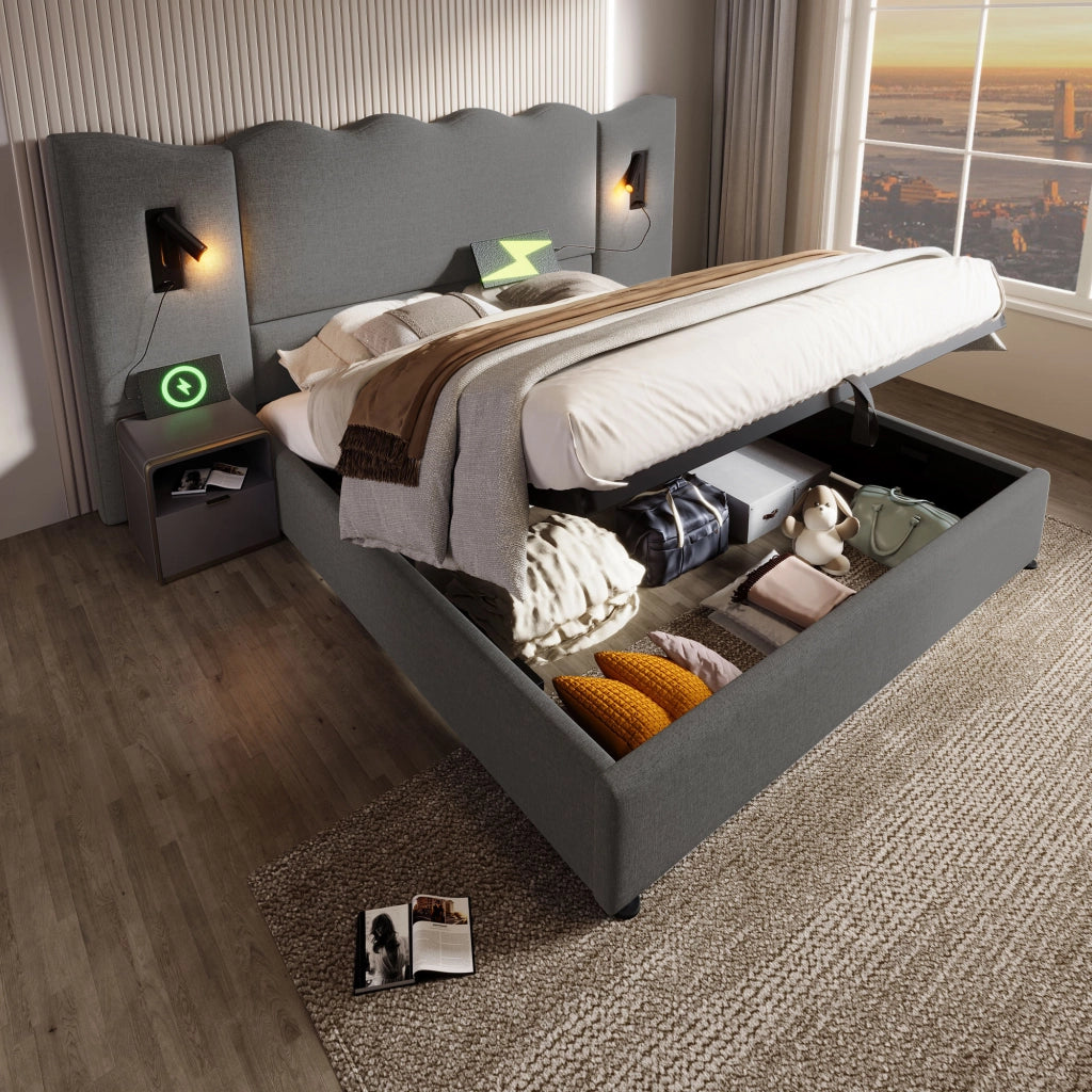 DESMIU Letto contenitore 180 × 200 cm 2 posti con lampada da lettura, USB e Type-C, senza materasso, in lino grigio