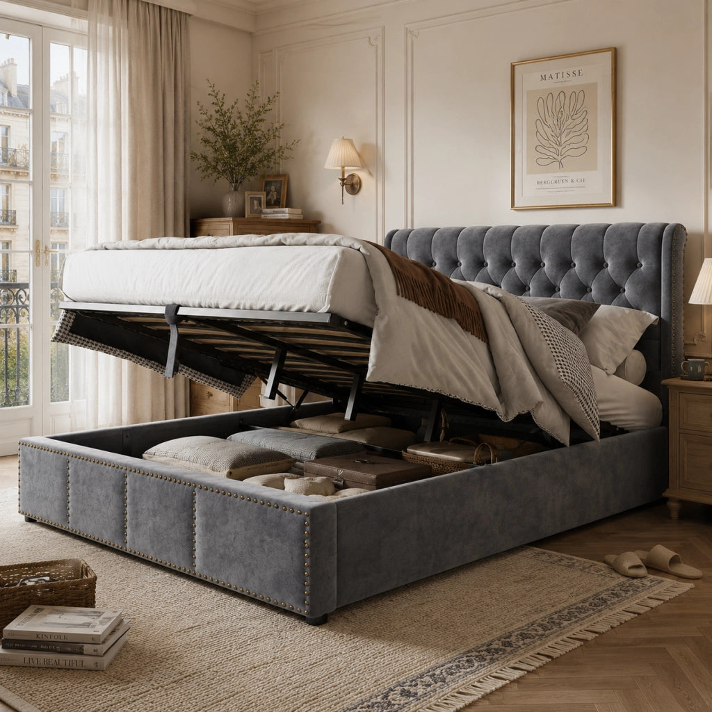 Letti contenitori 140x200 cm con contenitore; stile minimalista; velluto grigio (Senza materasso)
