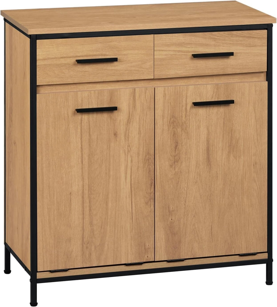 Mobile da Bagno con 2 Cassetti e 2 Sacchi per la Biancheria, in MDF con Struttura in Metallo, Rovere Chiaro + Nero, 72,5x34x80 cm