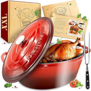Piatto da brasatura in ghisa di 37,5 cm con coperchio, resistente al forno, inclusa forchetta da carne, grande ca. 10 l, ideale piatto da brasatura in ghisa, resistente al calore, inox, inductivo, ovoidale.