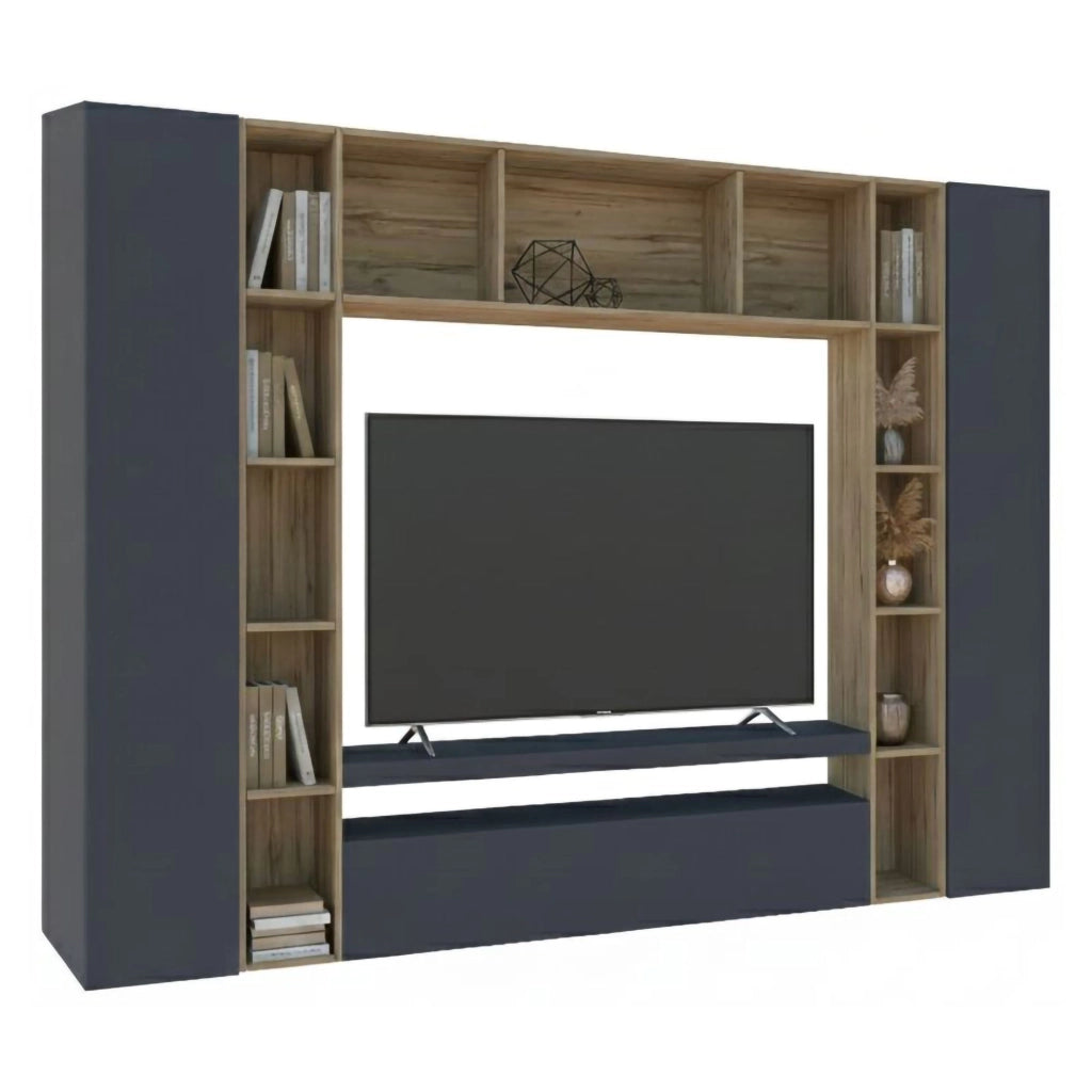 Parete attrezzata Austis, Set salotto porta TV a 3 ante, Mobile soggiorno multiuso, 100% Made in Italy, cm 270x35h210, Antracite e Rovere