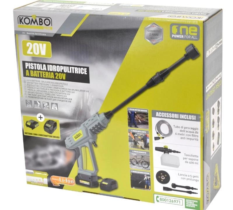 PISTOLA IDROPULITRICE A BATTERIA PRO 20V - 230HZ BATTERIA 2.0 AH, CARICABATTERIE ULTRARAPIDO 2.4A MODALITÀ BOOST