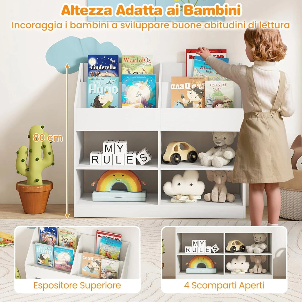 Libreria Montessoriana Porta Libri per Bambini, Scaffale Multifunzione con 4 Cubi e 4 Scomparti, Anti-ribaltamento, Salvaspazio per Cameretta e Stanza dei Giochi, 90x34x80 cm (Bianco)