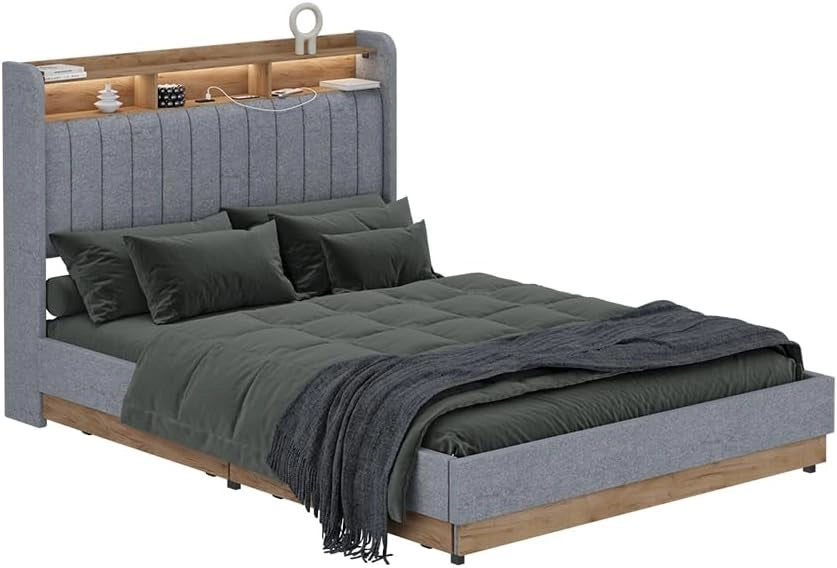 Letto imbottito Nura, Grigio, 140x200 cm con 4 cassetticon porta di ricarica USB, illuminazione a LED e telecomando