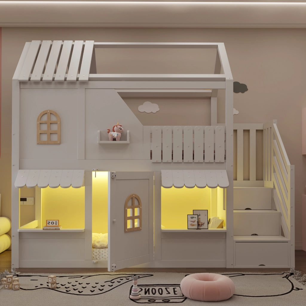 Letto a castello a casetta 90x200 cm con tetto; finestra; porta; scala contenitore; LED e ripiani; legno bianco