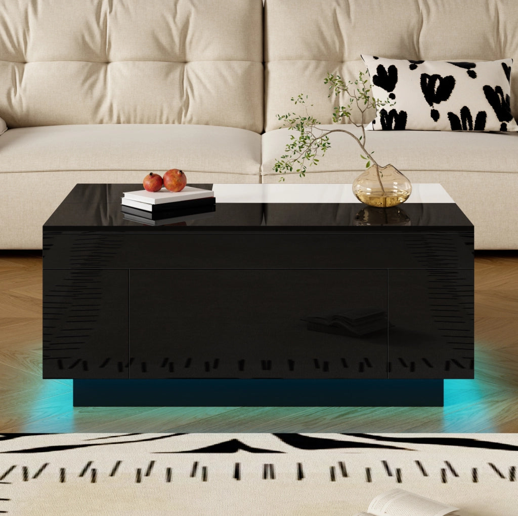 Tavolino da caffè LED estraibile 80x50x35;5 cm in MDF nero e bianco