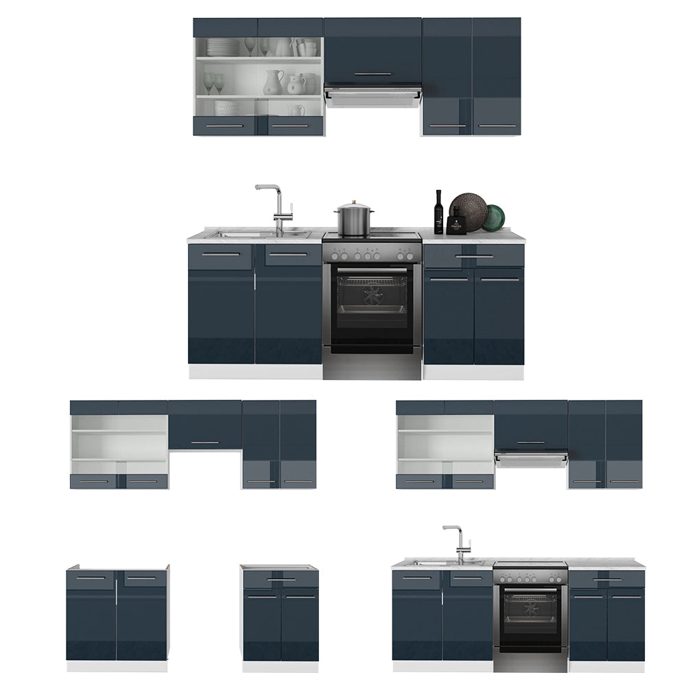 Mobili da cucina Fame-Line Blu scuro lucido/Bianco 200 cm, PL Rovere Vicco