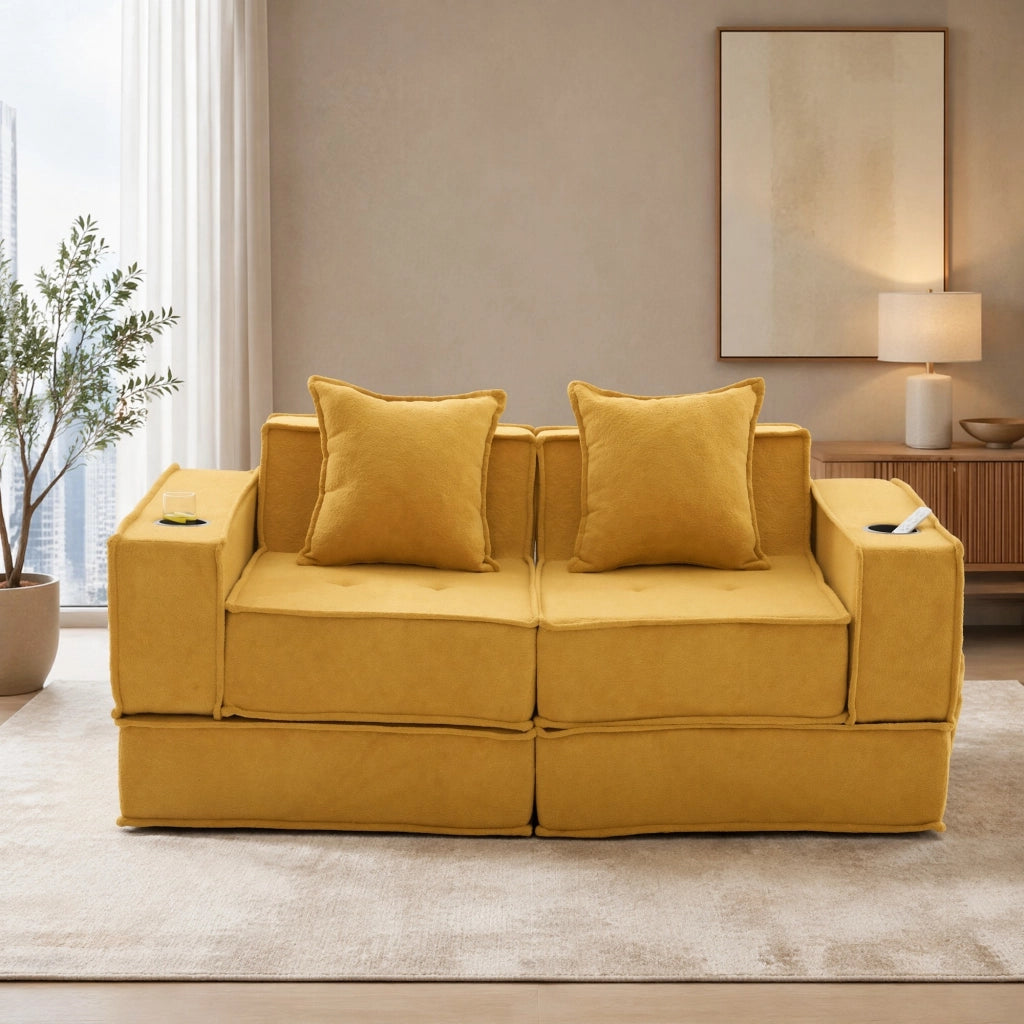 Pouf divano modulare in ciniglia giallo senape 162x78x66 cm con 2 cuscini e tasche laterali