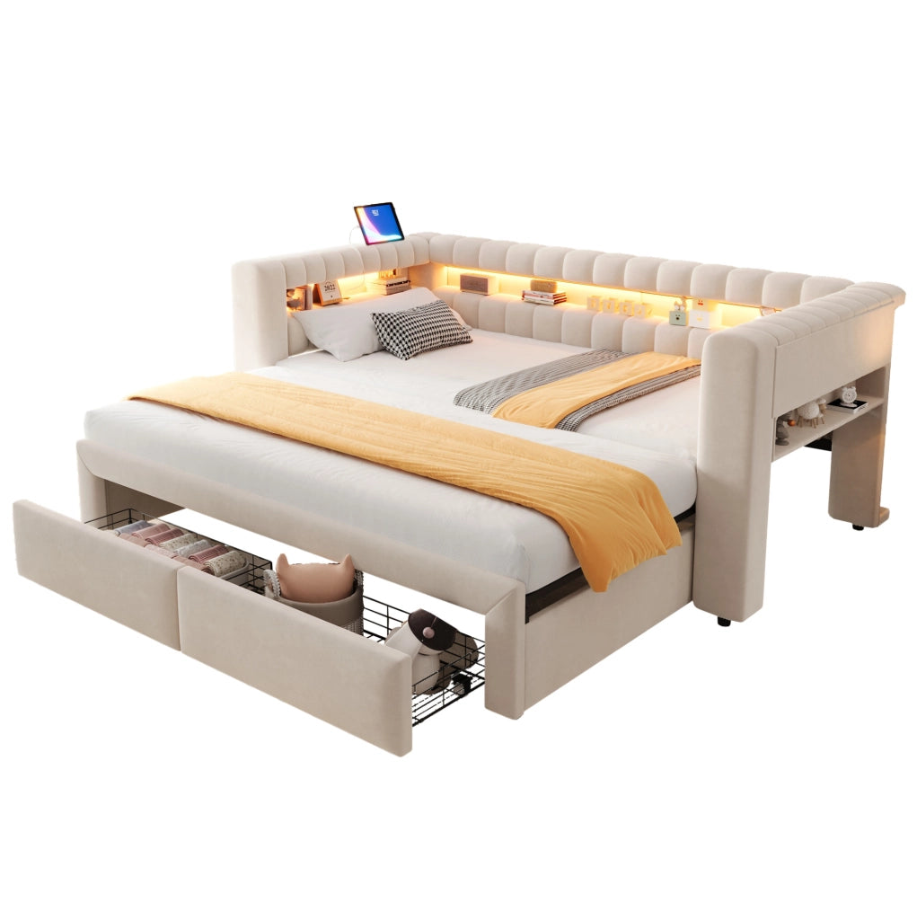 Divano letto imbottito 90x190 cm estensibile 180x190 cm in velluto beige con LED e USB