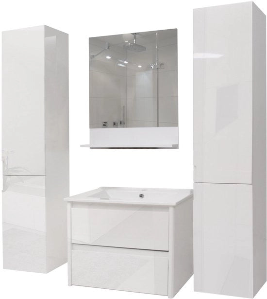 Set bagno XL MCW-B19, lavabo specchio da parete 2x mobile superiore, finitura alta lucidità ~ bianco