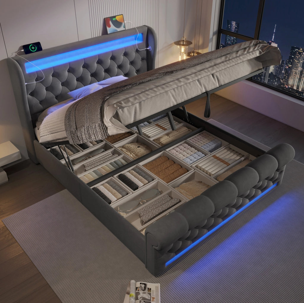 Letto matrimoniale imbottito 140x190 cm in velluto grigio con LED; ricarica USB e Type-C; contenitore idraulico